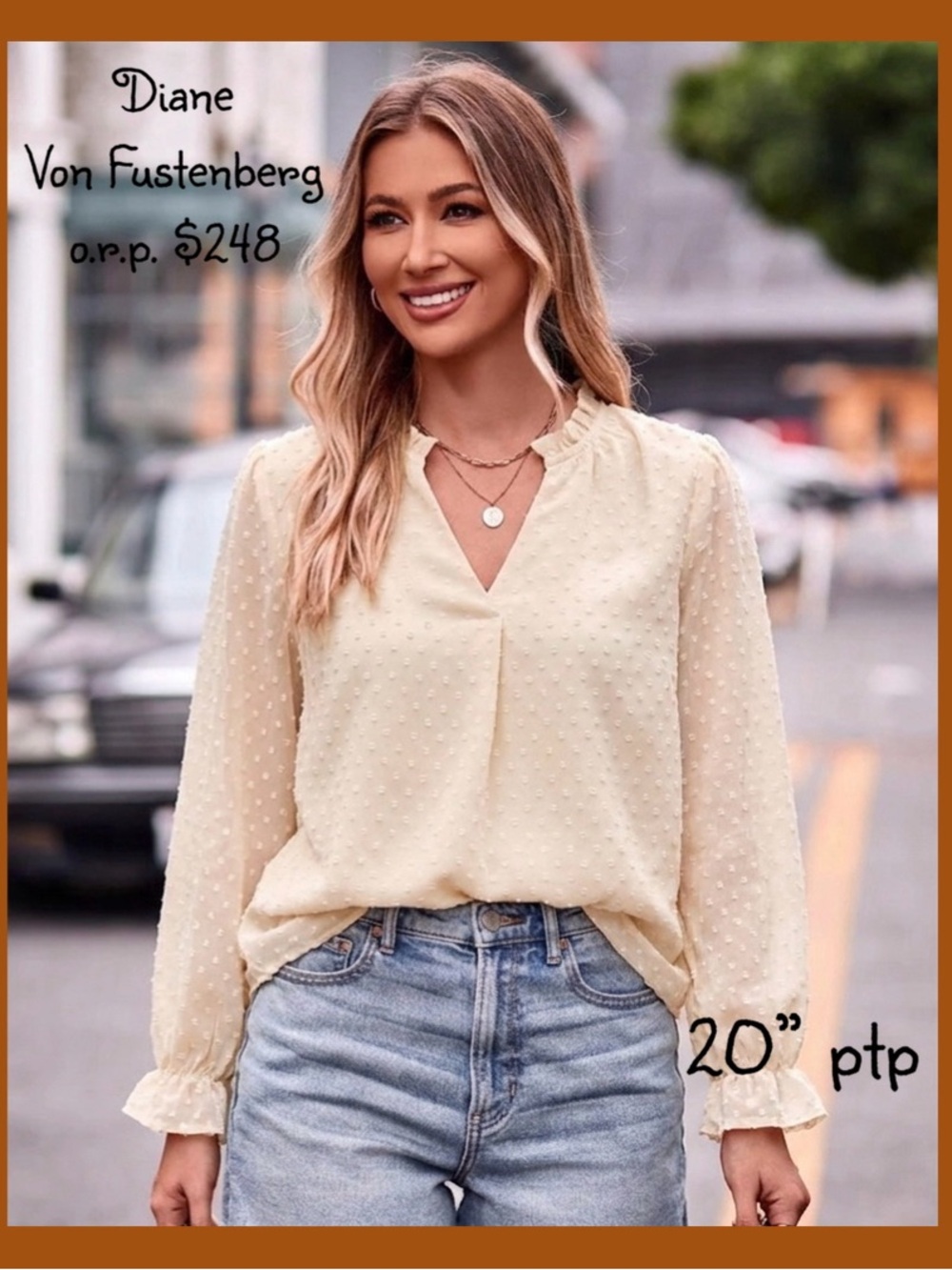 DIANE $248 VON FURSTENBERG • 21” PTP • Cream Swiss Dot Blouse - Picture 9 of 9